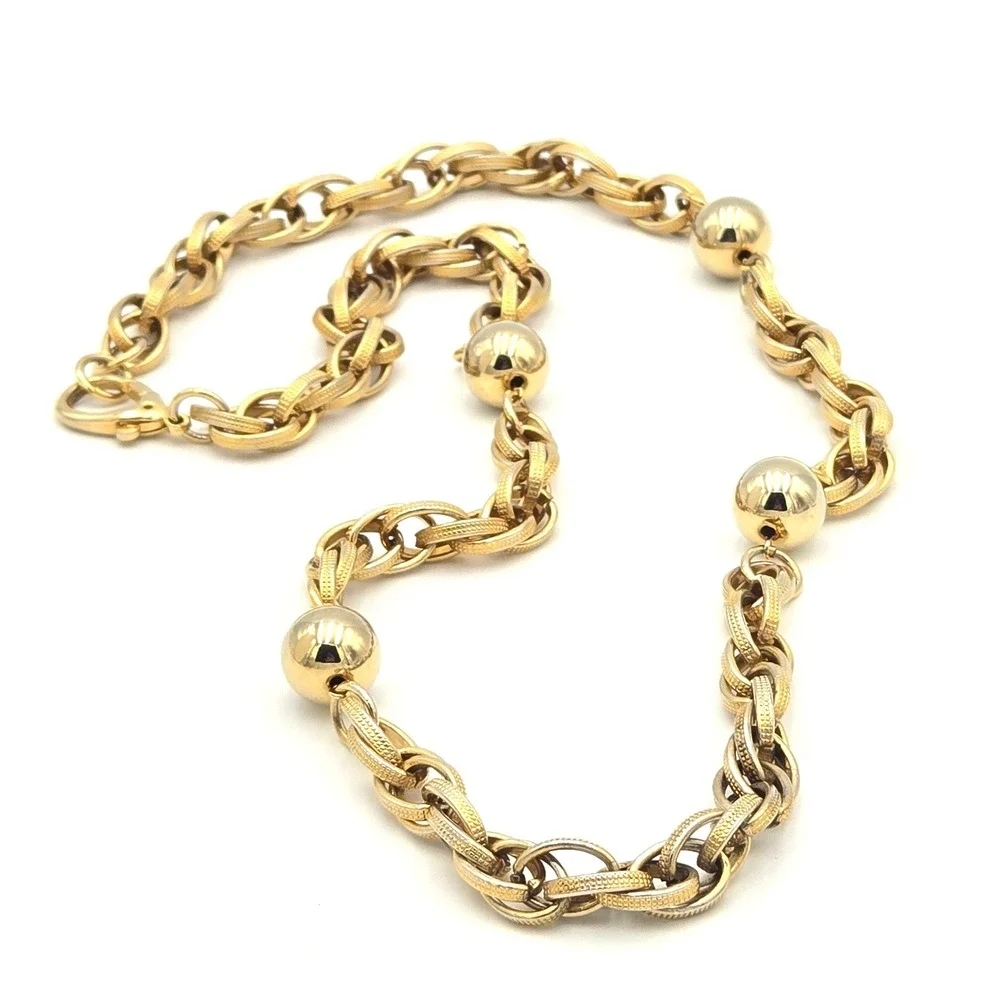 Vintage‎ Gold Tone Necklace Textured Double Link Chain with 14mm Polished Beads